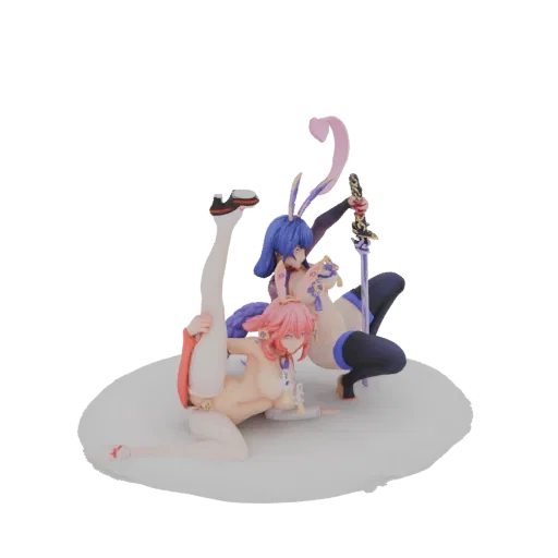 3D model of two anime-style bunny girls in dynamic action poses, one with a leg raised, the other holding a sword.