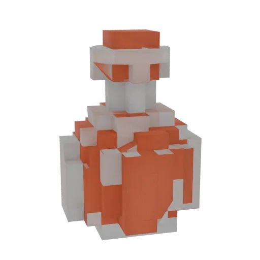 A 3D render of a voxel-style potion bottle with translucent white glass and a vibrant orange liquid inside, set against a bla