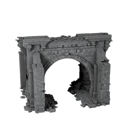 Broken Bridge Ruin Modular 3D model, isometric modular kit view, showing aged stone, rock faces.
