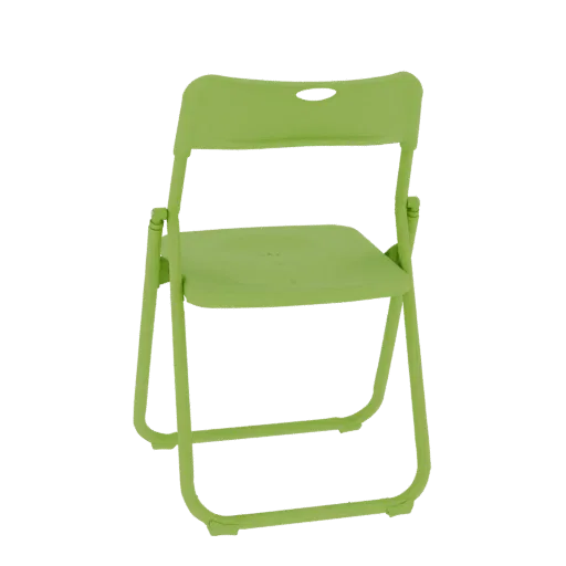 Modèle 3D d'une chaise pliante vert lime, vu de face sur fond noir.
