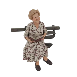 3D model of an elderly woman with blonde hair, wearing a floral dress, sitting on a wooden bench and reading a book.