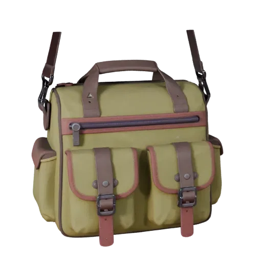 Modèle 3D de sac bandoulière utilitaire stylisé, rendu isométrique stylisé, montrant le cuir, le volume du sac.