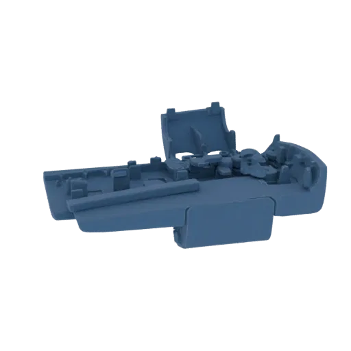 3D model of a detailed cockpit interior with seats and control panels, rendered in a matte blue.