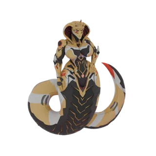Modèle 3D d'une cobra naga cybernétique avec un corps mécanique jaune et noir, des yeux rouges lumineux et une queue enroulée