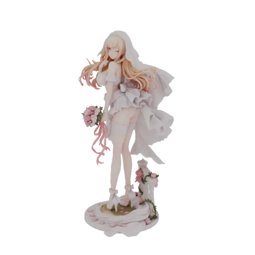 Modelo 3D de noiva em vestido de casamento branco segurando buquê rosa, sobre pedestal adornado com rosas.
