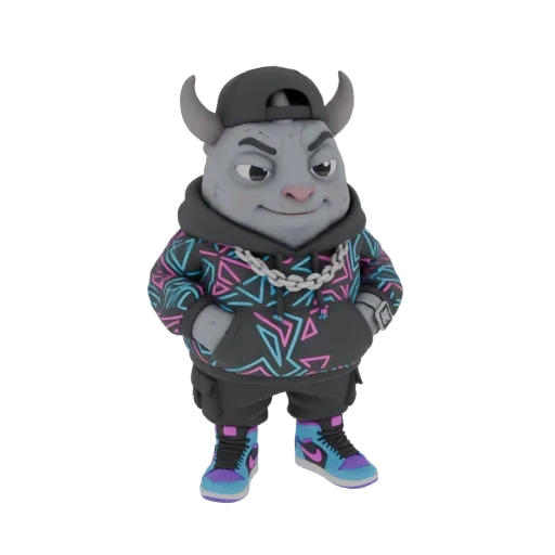 3D model of a grey bull character wearing a black hoodie with pink and blue geometric patterns, a silver chain, and colorful