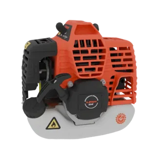 Modelo 3D de um motor compacto 2 tempos laranja e preto com arranque por corda, projetado para roçadoras.