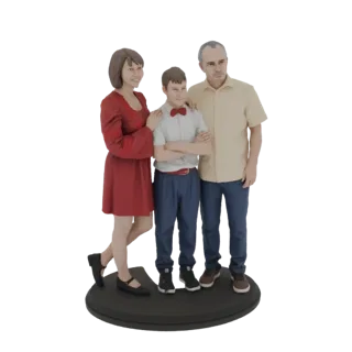3D model of a family of three, including a mother in a red dress, a father in a yellow shirt, and a son in a white shirt with