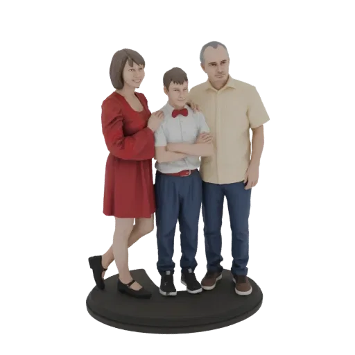 3D model of a family of three, including a mother in a red dress, a father in a yellow shirt, and a son in a white shirt with
