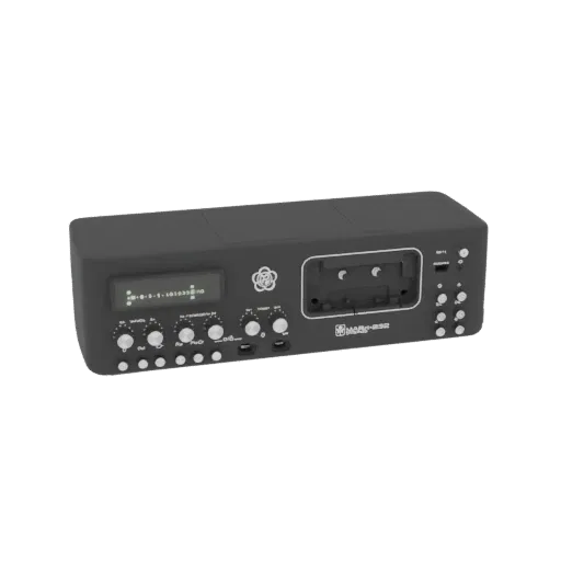 3D model of a black retro cassette player with a digital display and several silver knobs, featuring a cassette tape slot.