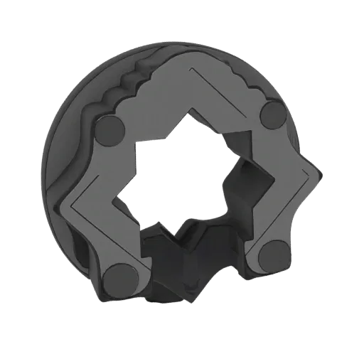 A dark, abstract geometric tool with interlocking parts and a central void, rendered in a 3D model preview.