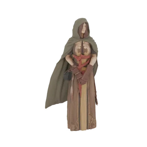 Un modello 3D di una misteriosa figura incappucciata con mantello verde e abiti stratificati marroni, in piedi con le mani gi