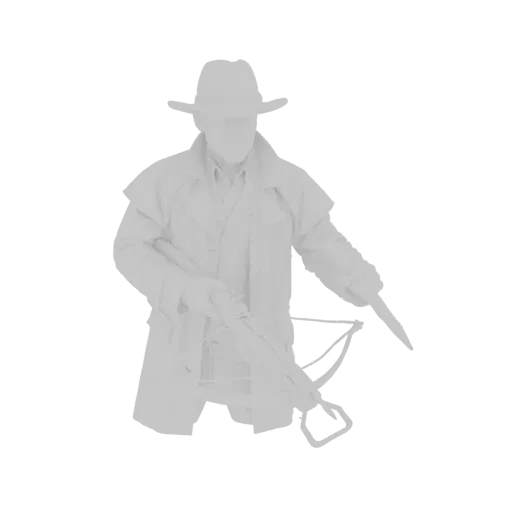 Modèle 3D d'un chasseur style Van Helsing portant un chapeau et un long manteau, tenant une arbalète et un couteau.