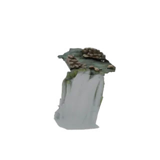 Modello 3D di una cascata naturale con rocce, muschio verde e acqua a cascata, su sfondo bianco.