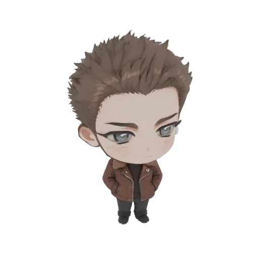 3D model of a chibi-style young man wearing a brown bomber jacket and dark trousers, with hands in pockets and spiky brown ha