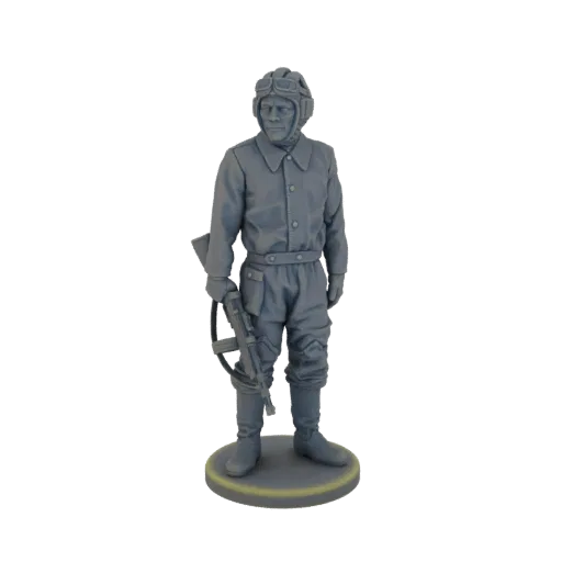 3D model render of a Soviet tank crewman figure holding a submachine gun, standing on a circular base.