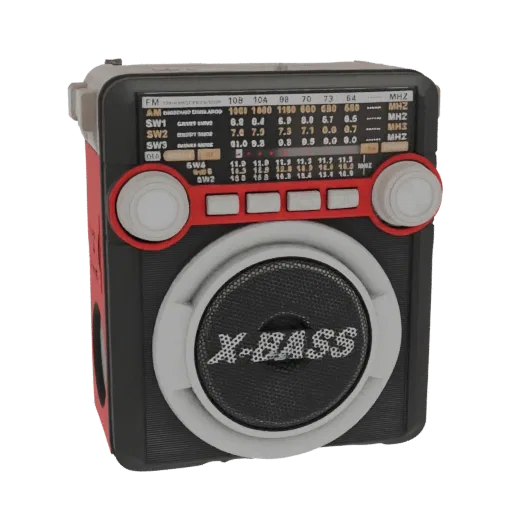 3D model of a retro portable radio with a black speaker, red buttons, and tuning dials, featuring 'X-BASS' branding.