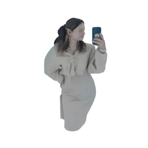 3D model of a woman in a beige dress and cardigan, holding a smartphone to take a selfie.