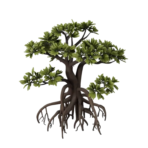 Swamp Mangrove Roots Realistic 3D model, three-quarter environment render, showing leaf clusters, terrain detail.