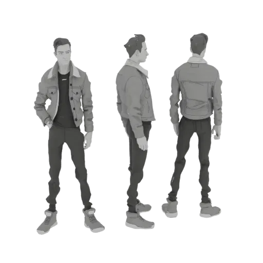 3D model of a stylized man in a denim jacket, shown from front, side, and back views against a black background.