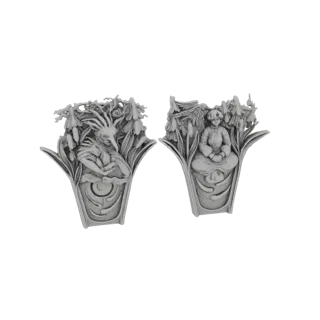 A 3D render of two Art Nouveau-inspired rings, one with a fairy and the other with a gnome, surrounded by floral elements, pr