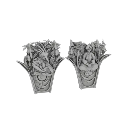 Ein 3D-Render von zwei Jugendstil-inspirierten Ringen, einer mit Fee, der andere mit Wichtel, umgeben von floralen Elementen,