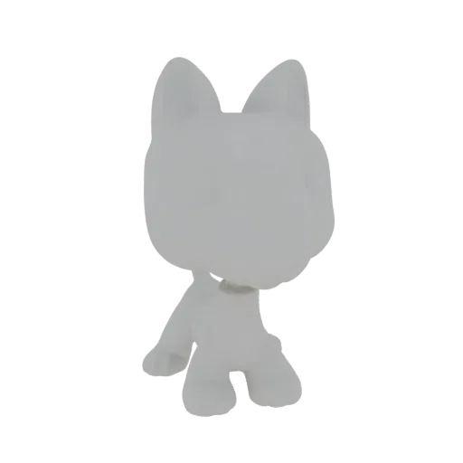 A 3D render of a untextured, light gray, cute cat figurine with large ears and a compact body, posed on all fours.