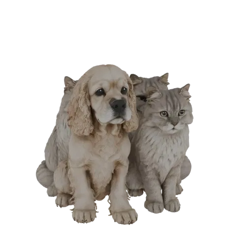 Modelo 3D de un Cocker Spaniel marrón claro sentado con dos gatos grises, todos mirando hacia adelante con expresiones amable