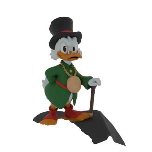 3D model of Scrooge McDuck, the wealthy duck, standing with a cane and a large coin necklace, wearing a top hat and green coa