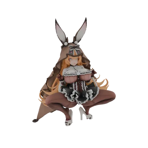 3D model of a stylized bunny girl character in a brown hooded outfit, crouching with large chest and bunny ears.