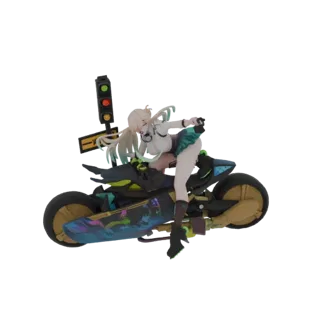3D model of a cyberpunk girl with blonde hair in a green skirt, riding a futuristic motorcycle with neon accents, a traffic l