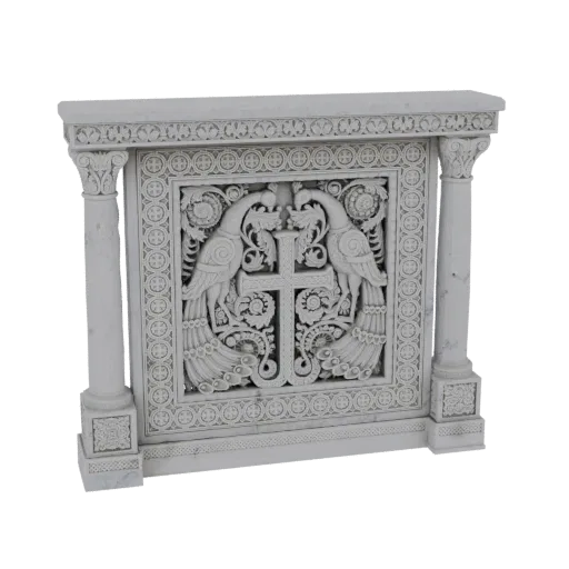 3D model of a white marble altar with intricate carvings of two peacocks flanking a cross, supported by columns.
