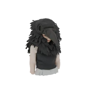 3D model of a raven mask costume with a large beak and detailed feathers, worn by a person.