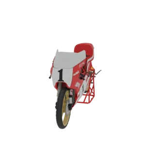 3D model of a red and white racing motorcycle with the number 1 on the front fairing, displayed on a stand.