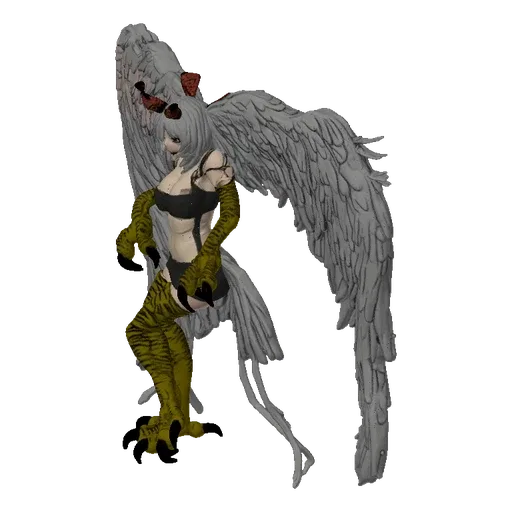 3D model of a Gargoyle Moth Woman with large grey wings, sharp yellow claws, and a dark outfit, posed dynamically.