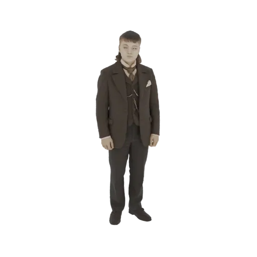 3D model of a Victorian gentleman wearing a dark suit, waistcoat, and cravat, standing against a black background.
