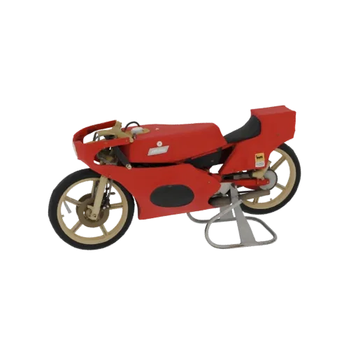 Side view of a 3D model of a red 1978 Morbidelli MBA Bassotto racing motorcycle on a stand.