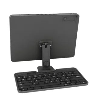 Modello 3D di supporto per tablet per tastiera, vista posteriore, con cerniere e scanalature dettagliate