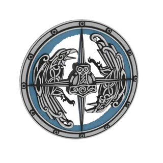 Modelo 3D de uma bússola viking com dois corvos e o Martelo de Thor no centro, contra um fundo azul e uma borda prateada.