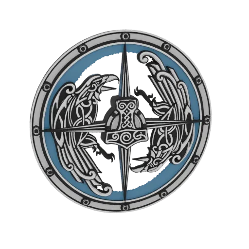 3D model of a Viking compass with two ravens and Thor's Hammer at the center, set against a blue background and silver rim.