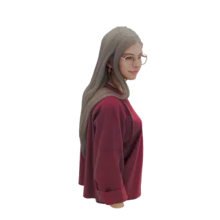 3D model of a woman with long blonde hair, wearing glasses and a burgundy top, shown in profile.