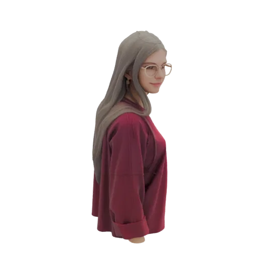 Modelo 3D de mulher com cabelo longo e loiro, usando óculos e top vinho, vista de perfil.