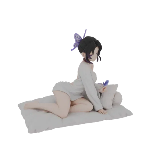 3D model of Shinobu Kocho from Demon Slayer, sitting on a white pillow with a serene expression, wearing her haori.