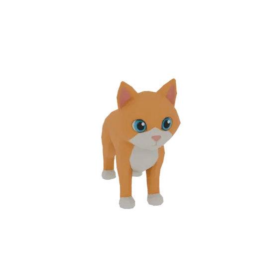 A low poly 3D model of a cute orange cat with blue eyes, standing and looking forward.
