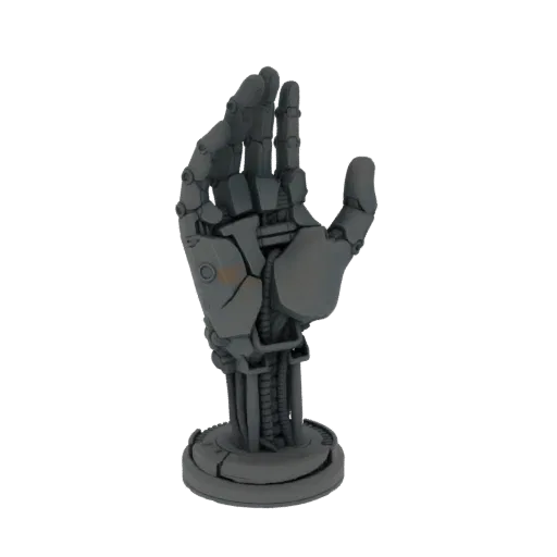 3D model render of a gray, detailed cybernetic hand with articulated fingers, standing upright on a circular base.