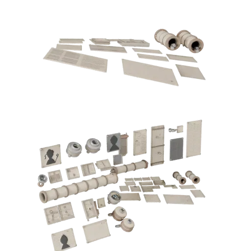 Market Scroll Bundle Modular 3D model, isometric modular kit view, showing paper-like cards, small readable forms.