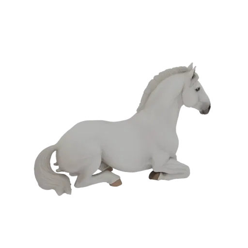 A detailed 3D model of a white horse lying down on a white background, showcasing its realistic anatomy and peaceful pose.