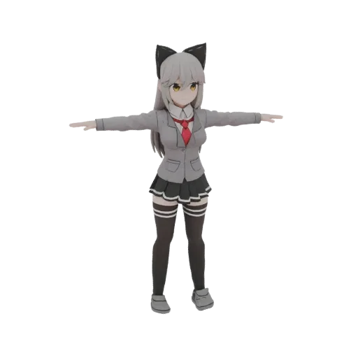 3D model of an anime girl with gray hair, cat ears, yellow eyes, wearing a gray school uniform with a red tie, and striking a