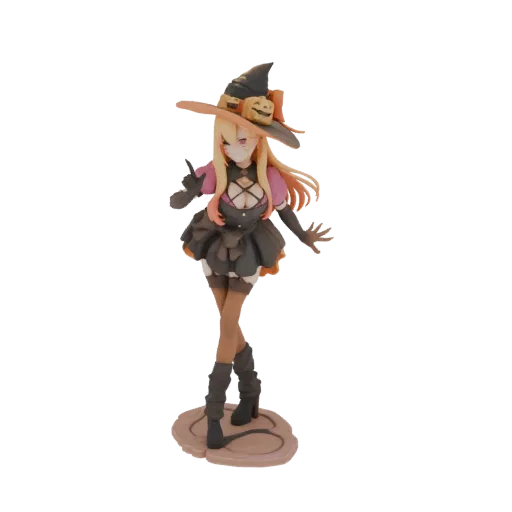 3D model of an anime-style witch in a Halloween costume, wearing a witch hat with pumpkins, striking a dynamic pose on a circular base.