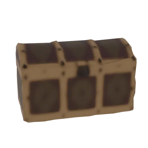 A 3D render of a vintage wooden treasure chest with metal accents and a hinged lid, set against a dark background.